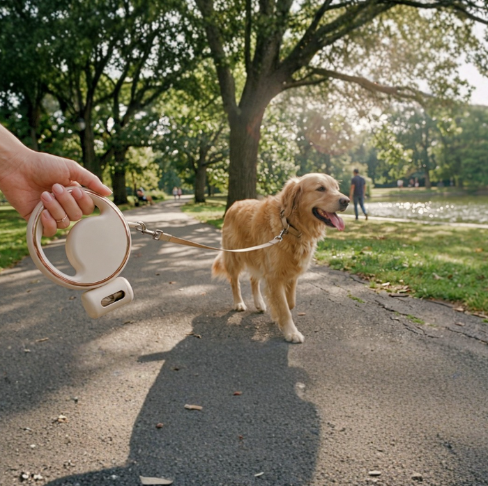 Golden retriever on a walk in the park, attached to a cream retractable pet leash held by its owner