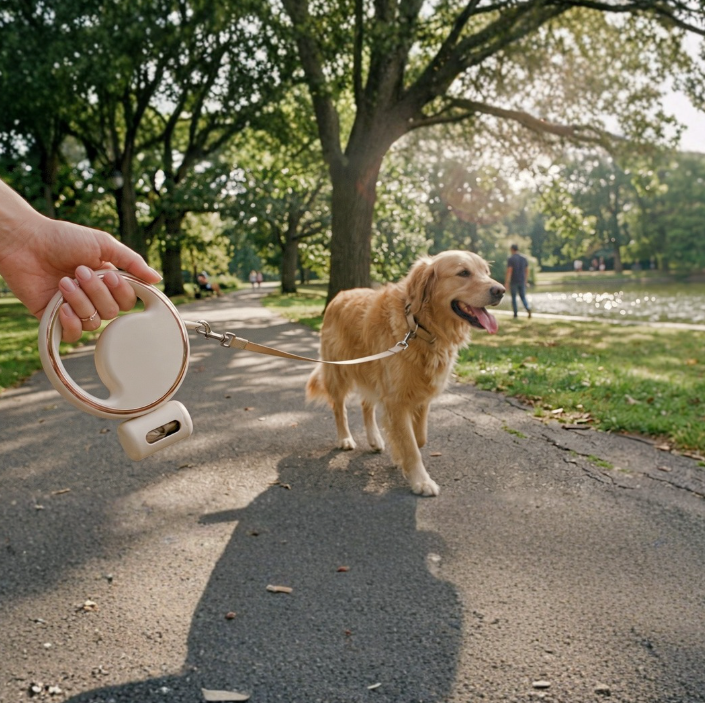 Golden retriever on a walk in the park, attached to a cream retractable pet leash held by its owner