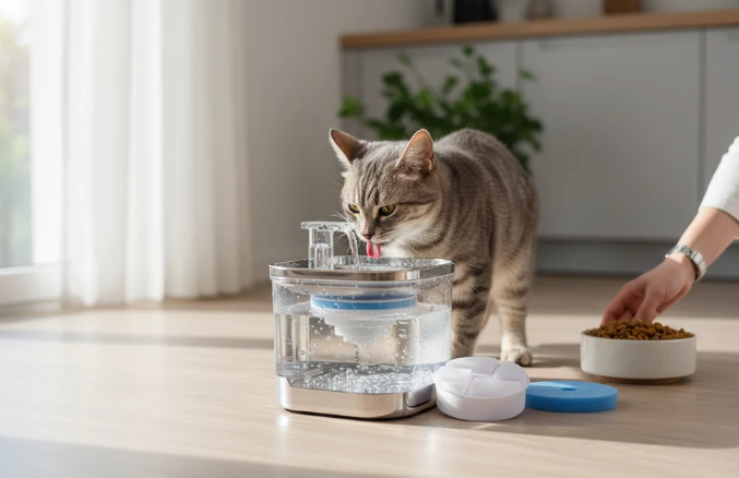 Gray tabby cat drinking from a clear pet water fountain in a sunlit living room