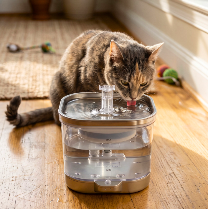 A cat drinking water from a transparent, stainless-steel top pet water fountain.